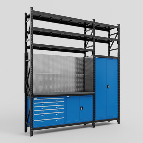 M21-3S Modular Work Bench with Shelves - H3100mm x W2880mm | Laminate WBT | Blue
