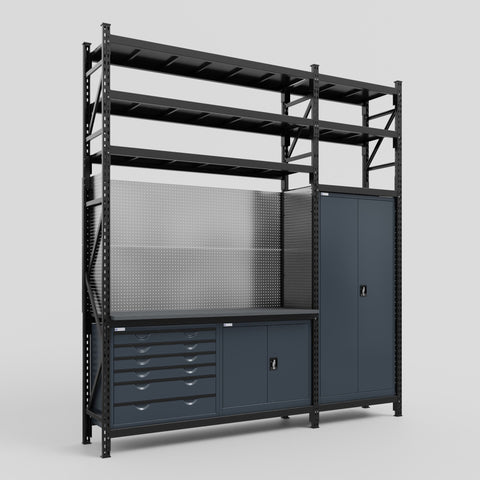 M21-3S Modular Work Bench with Shelves - H3100mm x W2880mm | Laminate WBT | Dark Grey