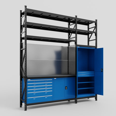 M21-3S Modular Work Bench with Shelves - H3100mm x W2880mm | Laminate WBT | Blue