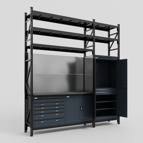 M21-3S Modular Work Bench with Shelves - H3100mm x W2880mm | Laminate WBT | Dark Grey