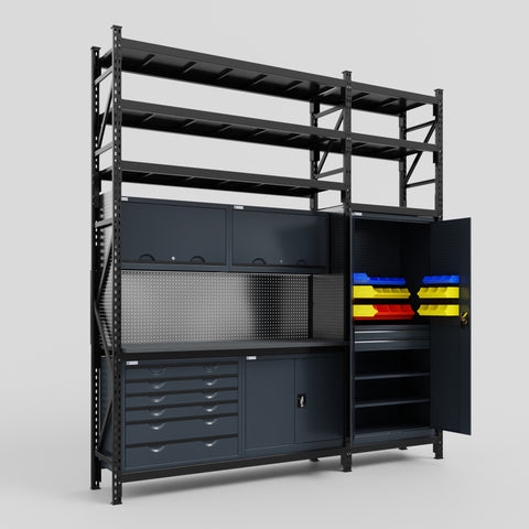 M21-3S Modular Work Bench with Shelves - H3100mm x W2880mm | Laminate WBT | Dark Grey