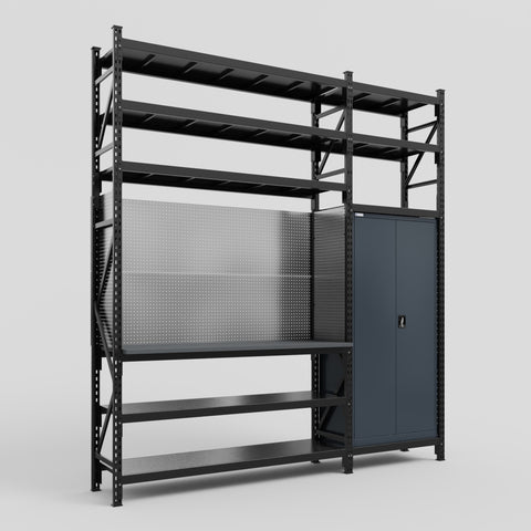 M21 Modular Work Bench with Shelves - H3100mm x W2880mm | Laminate WBT | Dark Grey