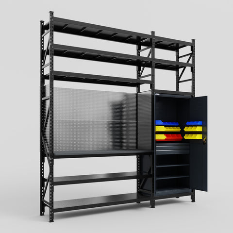 M21 Modular Work Bench with Shelves - H3100mm x W2880mm | Laminate WBT | Dark Grey