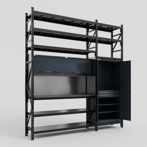 M21 Modular Work Bench with Shelves - H3100mm x W2880mm | Laminate WBT | Dark Grey