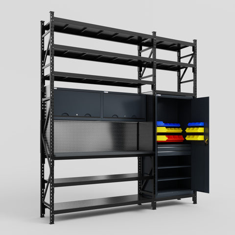 M21 Modular Work Bench with Shelves - H3100mm x W2880mm | Laminate WBT | Dark Grey
