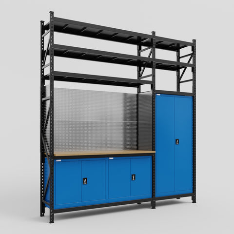M21 Modular Work Bench with Shelves - H3100mm x W2880mm | MDF WBT | Blue