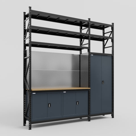 M21 Modular Work Bench with Shelves - H3100mm x W2880mm | MDF WBT | Dark Grey