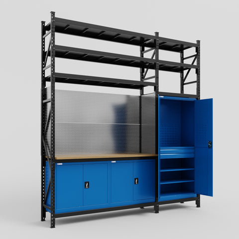 M21 Modular Work Bench with Shelves - H3100mm x W2880mm | MDF WBT | Blue
