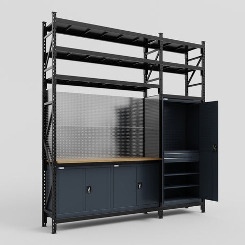 M21 Modular Work Bench with Shelves - H3100mm x W2880mm | MDF WBT | Dark Grey
