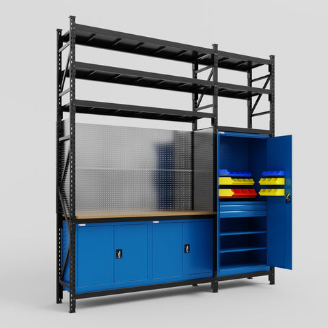 M21 Modular Work Bench with Shelves - H3100mm x W2880mm | MDF WBT | Blue