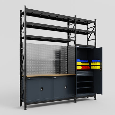 M21 Modular Work Bench with Shelves - H3100mm x W2880mm | MDF WBT | Dark Grey