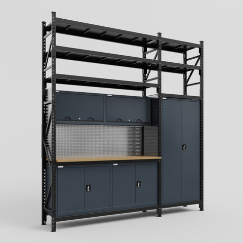 M21 Modular Work Bench with Shelves - H3100mm x W2880mm | MDF WBT | Dark Grey