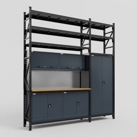 M21 Modular Work Bench with Shelves - H3100mm x W2880mm | MDF WBT | Dark Grey