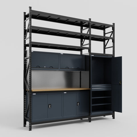 M21 Modular Work Bench with Shelves - H3100mm x W2880mm | MDF WBT | Dark Grey