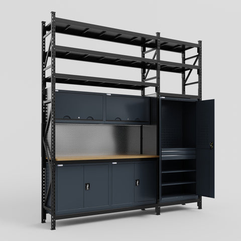 M21 Modular Work Bench with Shelves - H3100mm x W2880mm | MDF WBT | Dark Grey