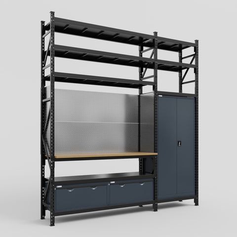 M21 Modular Work Bench with Shelves - H3100mm x W2880mm | MDF WBT | Dark Grey