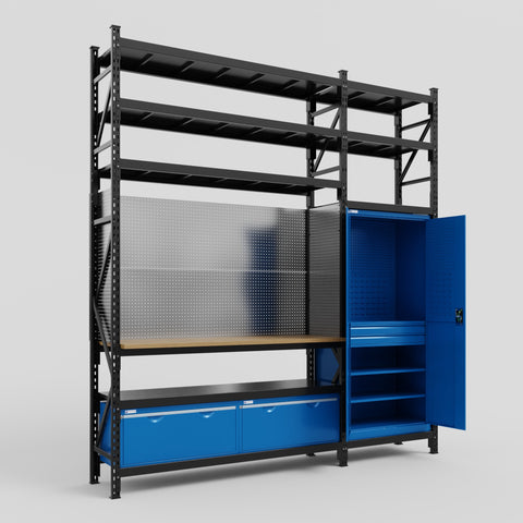 M21 Modular Work Bench with Shelves - H3100mm x W2880mm | MDF WBT | Blue