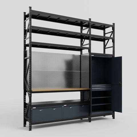 M21 Modular Work Bench with Shelves - H3100mm x W2880mm | MDF WBT | Dark Grey