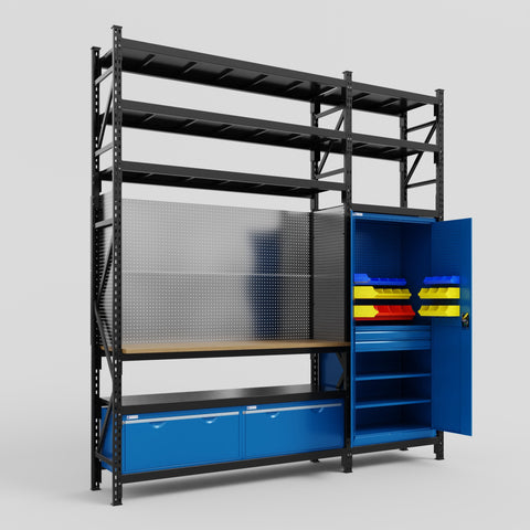 M21 Modular Work Bench with Shelves - H3100mm x W2880mm | MDF WBT | Blue