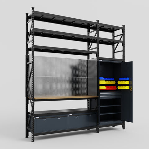 M21 Modular Work Bench with Shelves - H3100mm x W2880mm | MDF WBT | Dark Grey