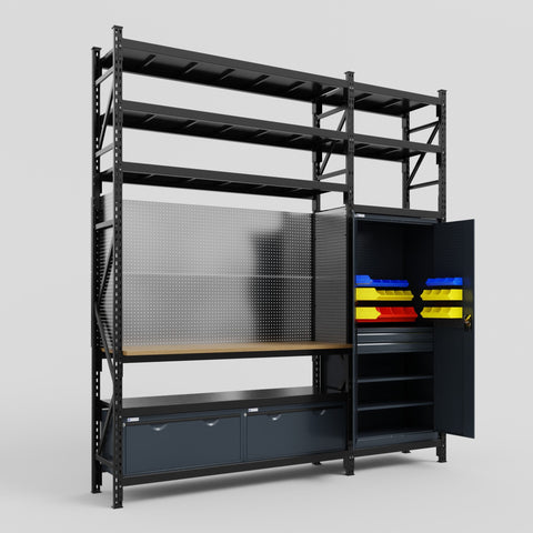 M21 Modular Work Bench with Shelves - H3100mm x W2880mm | MDF WBT | Dark Grey