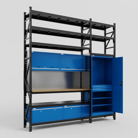 M21 Modular Work Bench with Shelves - H3100mm x W2880mm | MDF WBT | Blue