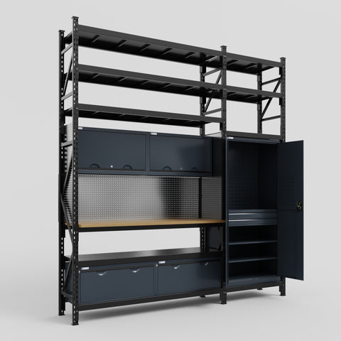 M21 Modular Work Bench with Shelves - H3100mm x W2880mm | MDF WBT | Dark Grey