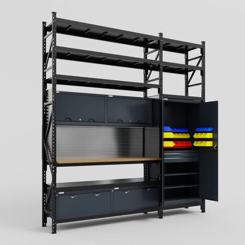 M21 Modular Work Bench with Shelves - H3100mm x W2880mm | MDF WBT | Dark Grey