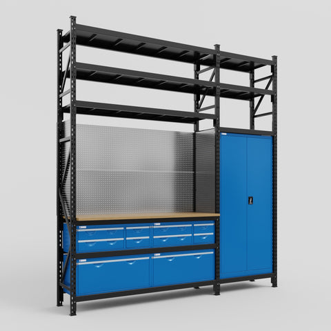 M21 Modular Work Bench with Shelves - H3100mm x W2880mm | MDF WBT | Blue