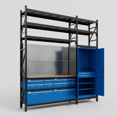 M21 Modular Work Bench with Shelves - H3100mm x W2880mm | MDF WBT | Blue