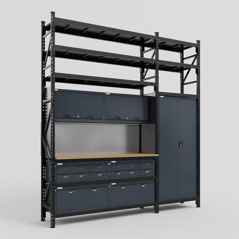 M21 Modular Work Bench with Shelves - H3100mm x W2880mm | MDF WBT | Dark Grey