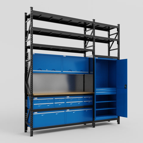 M21 Modular Work Bench with Shelves - H3100mm x W2880mm | MDF WBT | Blue
