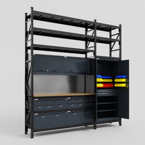 M21 Modular Work Bench with Shelves - H3100mm x W2880mm | MDF WBT | Dark Grey