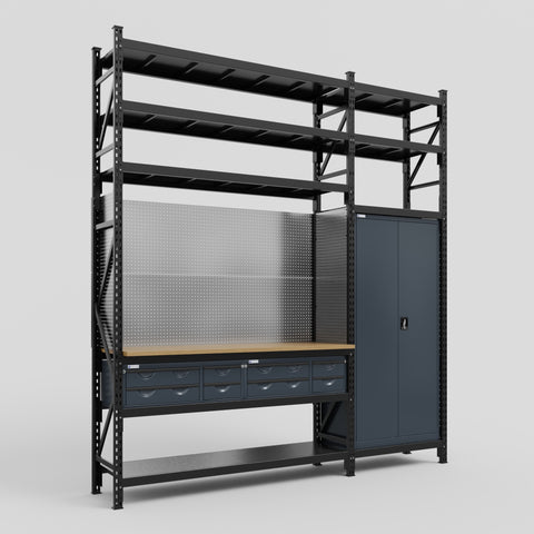 M21 Modular Work Bench with Shelves - H3100mm x W2880mm | MDF WBT | Dark Grey