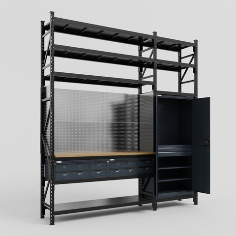 M21 Modular Work Bench with Shelves - H3100mm x W2880mm | MDF WBT | Dark Grey
