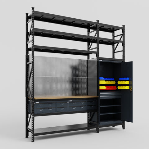 M21 Modular Work Bench with Shelves - H3100mm x W2880mm | MDF WBT | Dark Grey