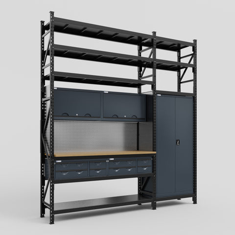 M21 Modular Work Bench with Shelves - H3100mm x W2880mm | MDF WBT | Dark Grey