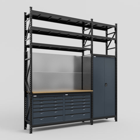 M21 Modular Work Bench with Shelves - H3100mm x W2880mm | MDF WBT | Dark Grey
