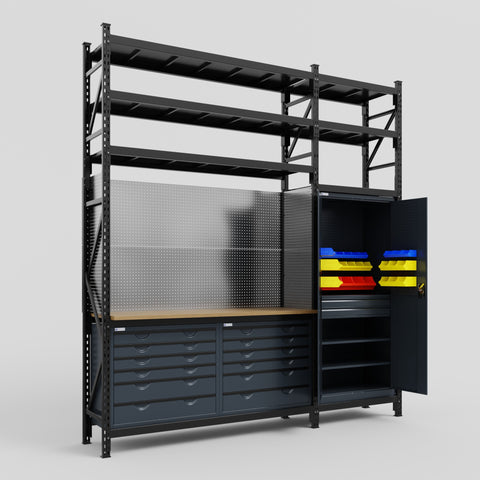 M21 Modular Work Bench with Shelves - H3100mm x W2880mm | MDF WBT | Dark Grey