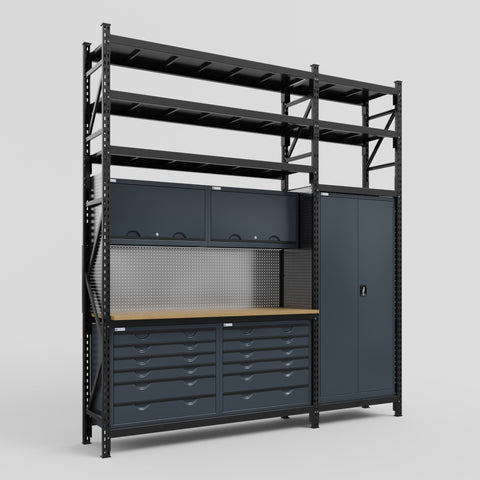 M21 Modular Work Bench with Shelves - H3100mm x W2880mm | MDF WBT | Dark Grey