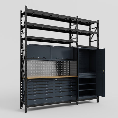 M21 Modular Work Bench with Shelves - H3100mm x W2880mm | MDF WBT | Dark Grey