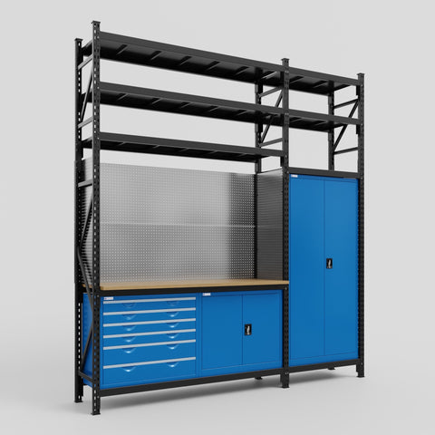 M21-3S Modular Work Bench with Shelves - H3100mm x W2880mm | MDF WBT | Blue