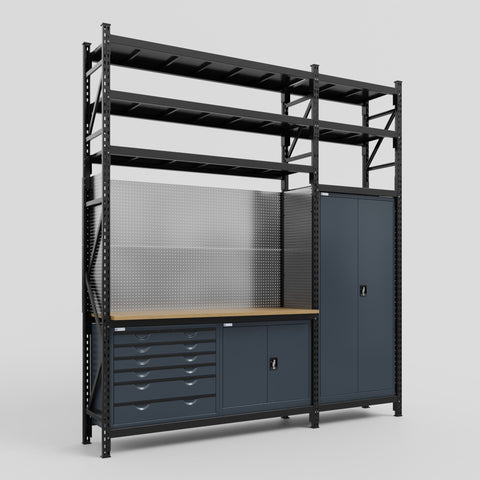 M21-3S Modular Work Bench with Shelves - H3100mm x W2880mm | MDF WBT | Dark Grey