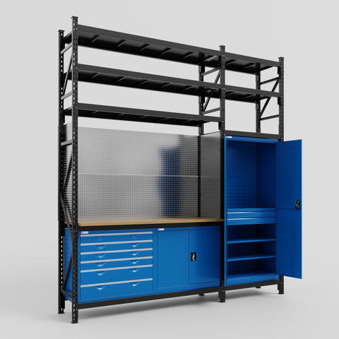 M21-3S Modular Work Bench with Shelves - H3100mm x W2880mm | MDF WBT | Blue