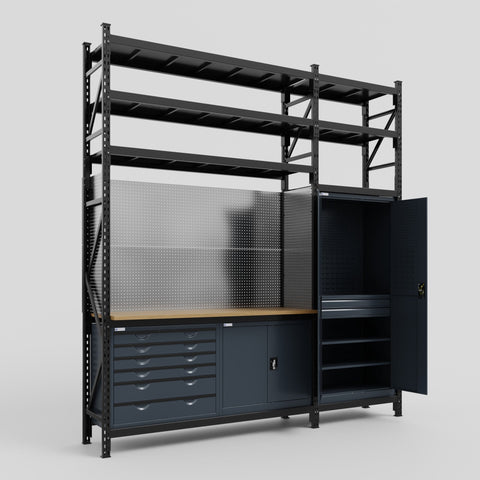 M21-3S Modular Work Bench with Shelves - H3100mm x W2880mm | MDF WBT | Dark Grey