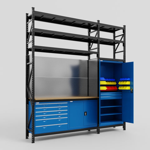 M21-3S Modular Work Bench with Shelves - H3100mm x W2880mm | MDF WBT | Blue