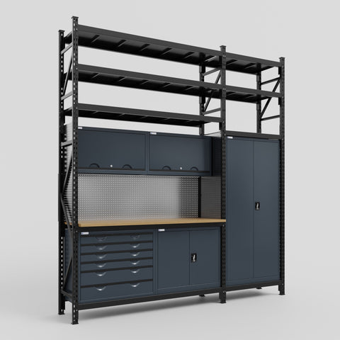 M21-3S Modular Work Bench with Shelves - H3100mm x W2880mm | MDF WBT | Dark Grey