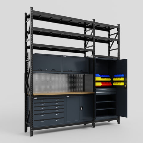 M21-3S Modular Work Bench with Shelves - H3100mm x W2880mm | MDF WBT | Dark Grey