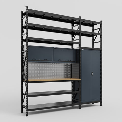 M21 Modular Work Bench with Shelves - H3100mm x W2880mm | MDF WBT | Dark Grey