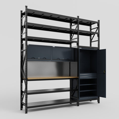 M21 Modular Work Bench with Shelves - H3100mm x W2880mm | MDF WBT | Dark Grey
